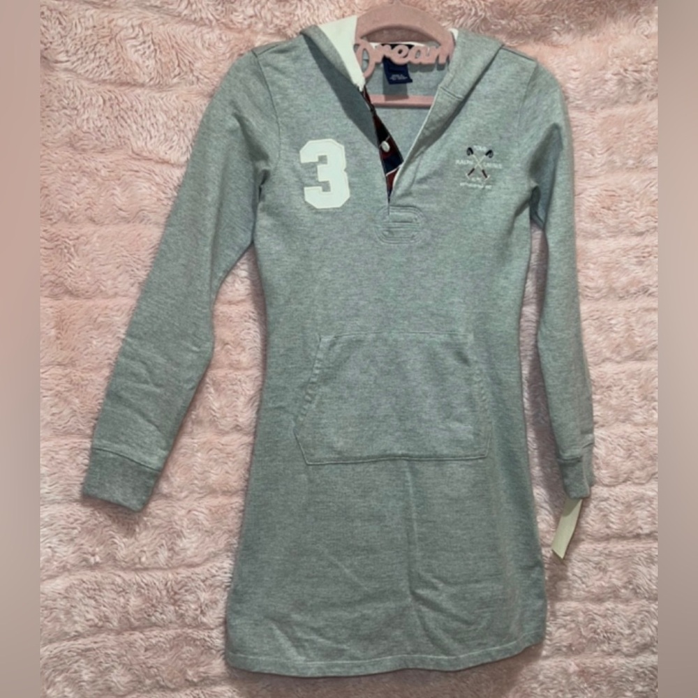 NWT Ralph Lauren Polo Club Hooded Dress Vintage Girls S 7-8 Heather Gray Preppy